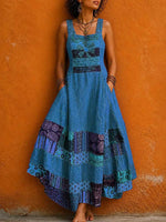 Women's Vintage-print Square-neck Sleeveless Loose-fit Cotton-linen Casual Dress
