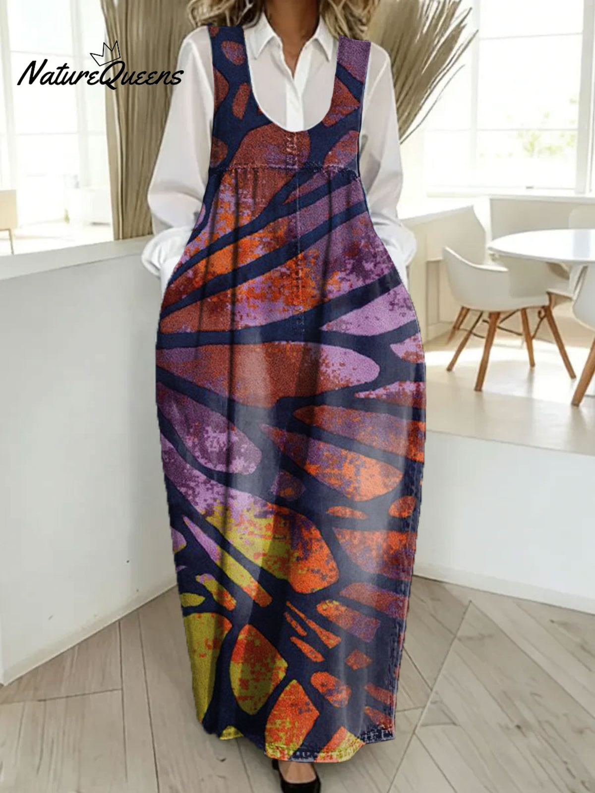 Women's Retro Splicing Colorful Flowers Pattern Art Print Casual Cotton Denim Dress