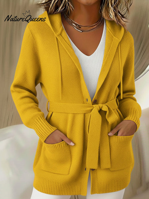 Women's Belted Hooded Cardigan Sweater