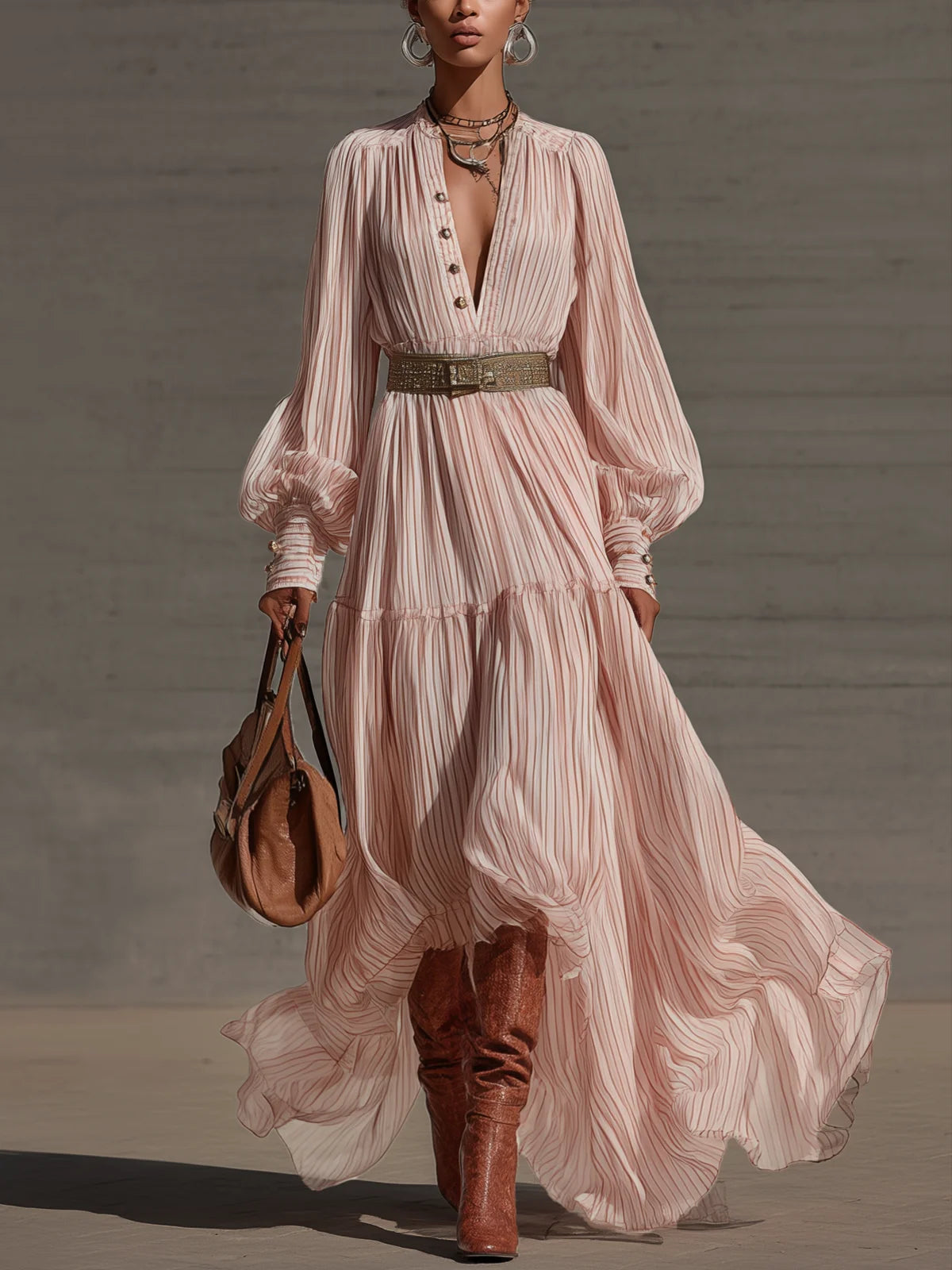 Women's Vintage Flowy Striped Maxi Dress