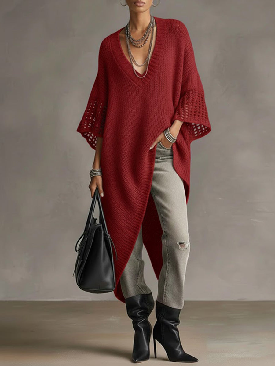 Women's Solid Color V-neck 3/4 Sleeve Casual Loose Knit Dress