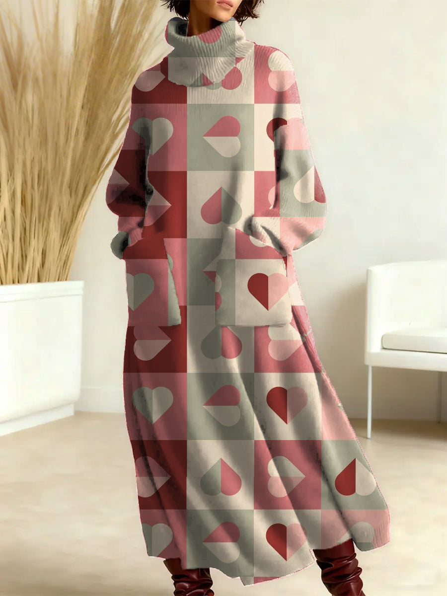 Women's Valentine's Day Heart Art Print Casual Cotton Knitted Dress