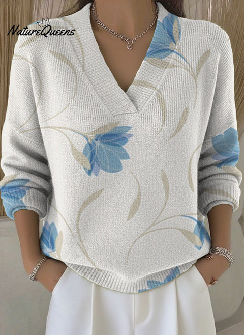 Elegant floral floating decorative pattern Women‘s Casual V  Collar Sweater