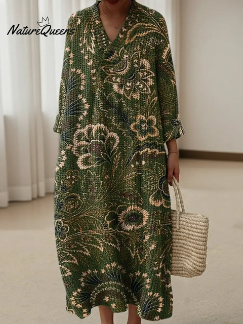 Retro Green Paisley Pattern Print Knitted V-neck Dress