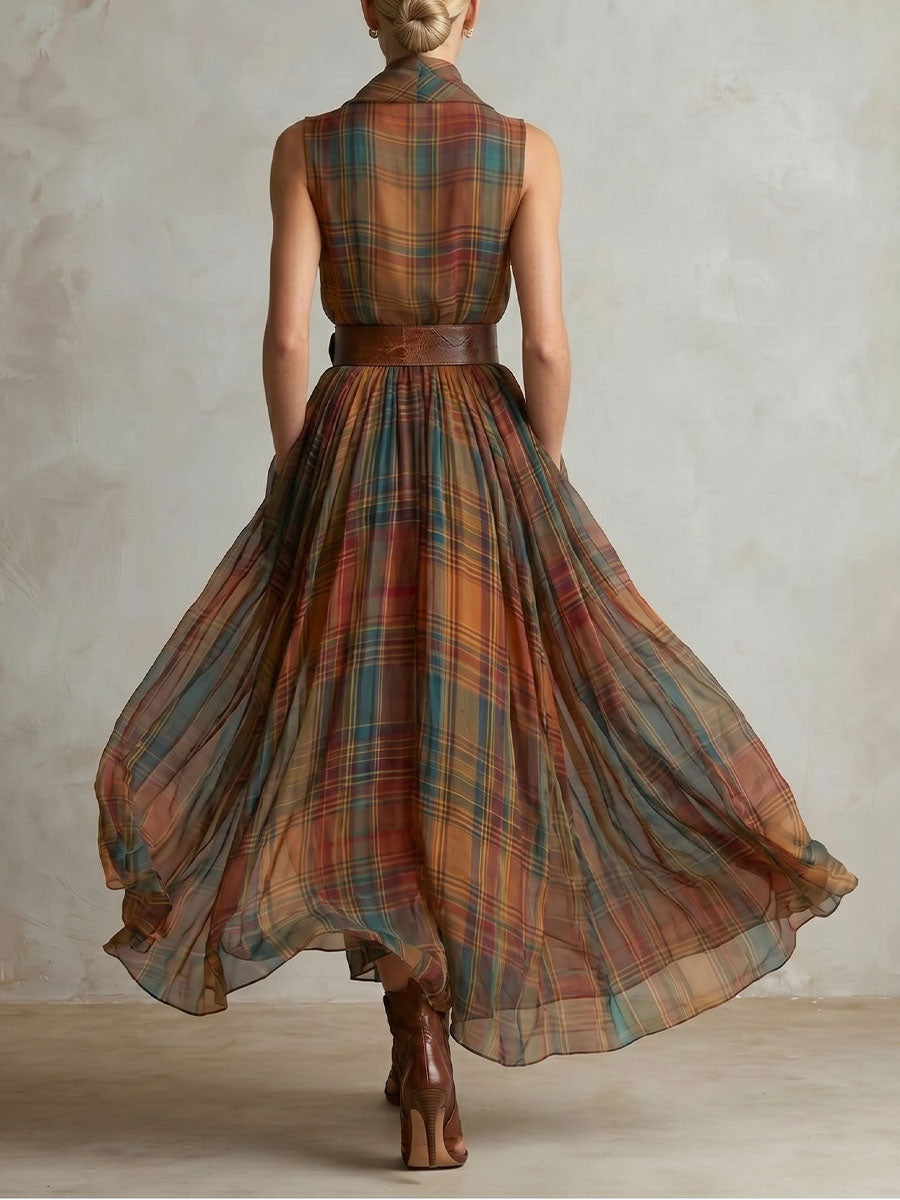 Women's Classic Plaid Draped Neckline Sleeveless Dress