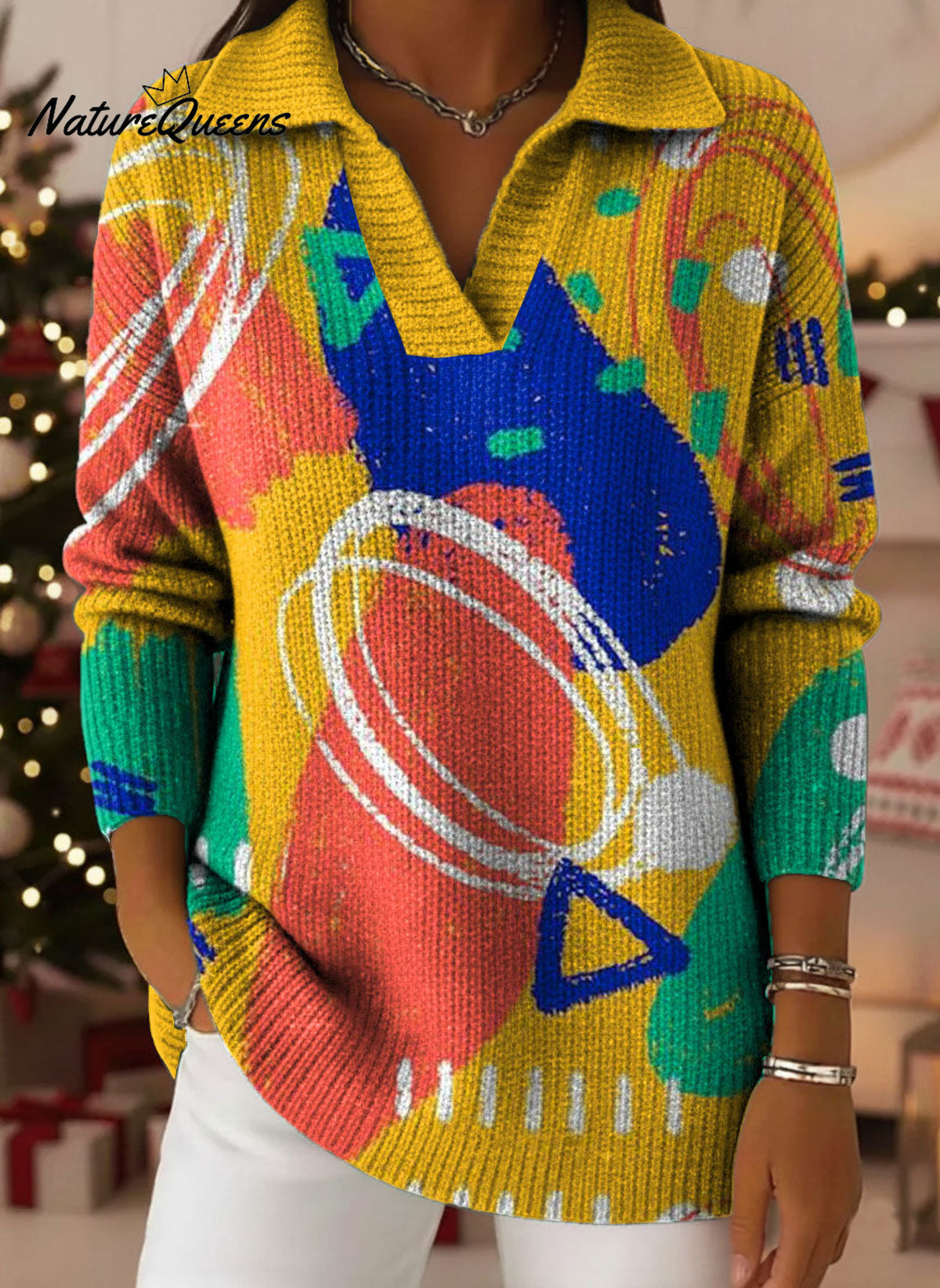 Geometry Color Block Art Pattern Polo Collar Shiny Loose Sweater Top