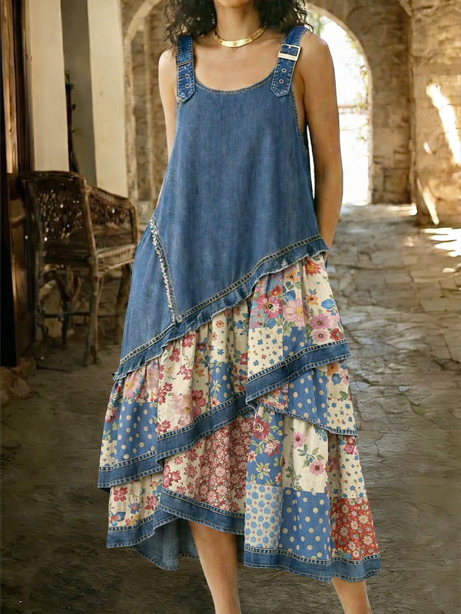 Casual Floral Patchwork Denim Dress With Adjustable Shoulder Straps