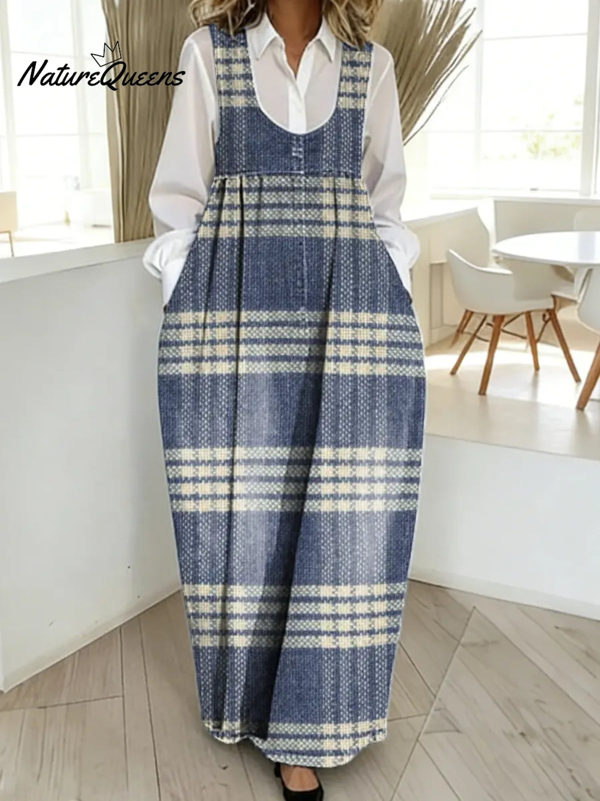 Women's Plaid Pattern Art Print Casual Cotton Denim Dress