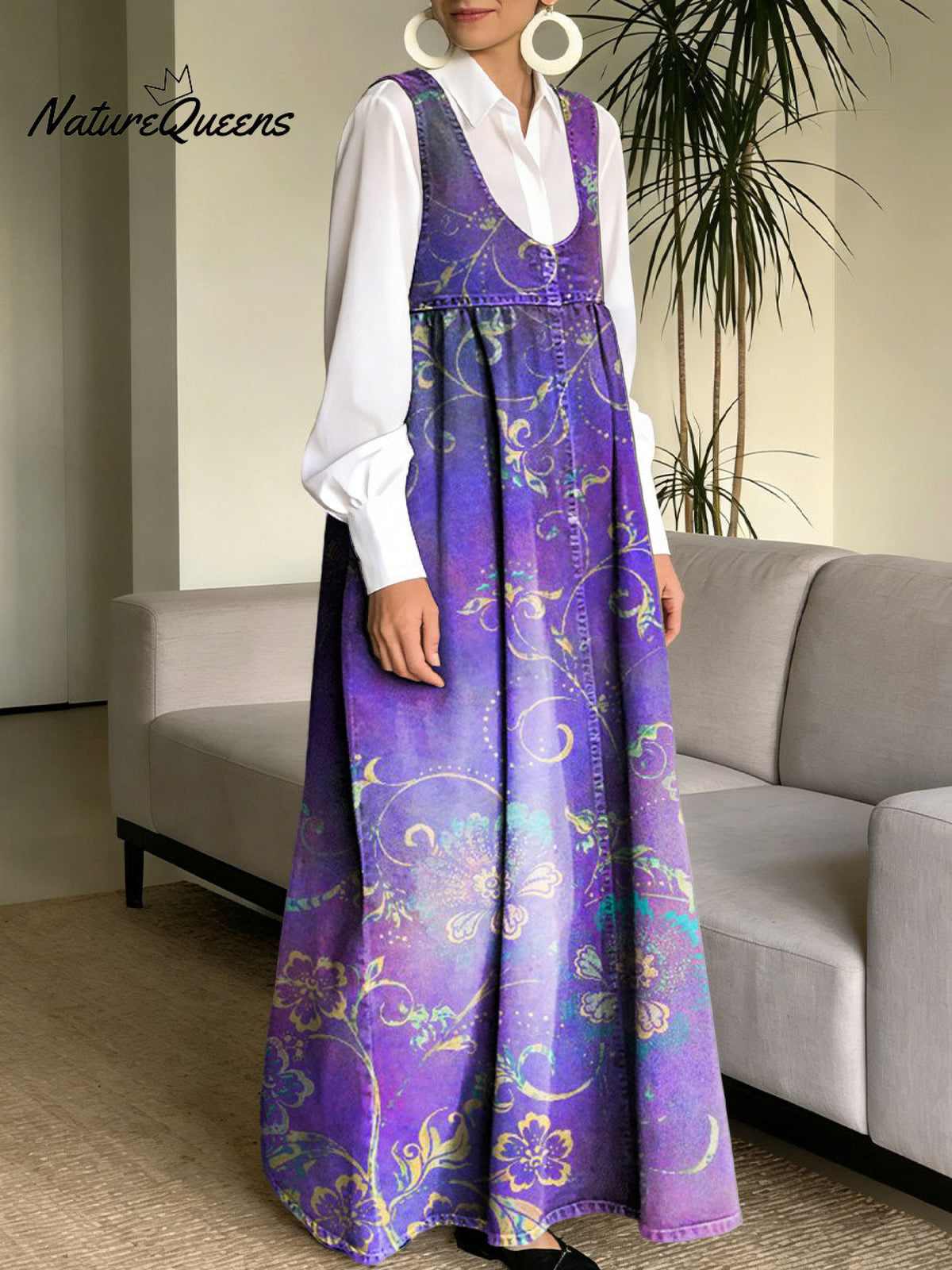 Women's Simple Flowers Pattern Art Print Casual Cotton Denim Dress