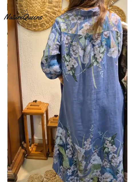 Women's Loose Casual Floral Print Cotton Linen Shirt Dress