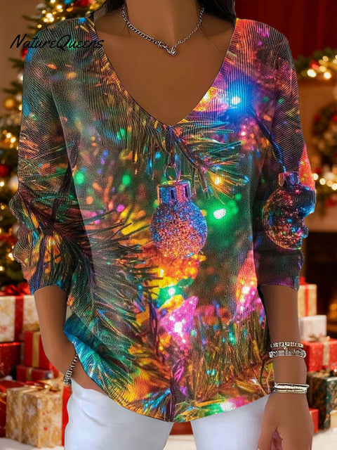 Women's Neon Lights Christmas Tree Pattern Art Print V-neck Solid Color Loose Shiny Sweater