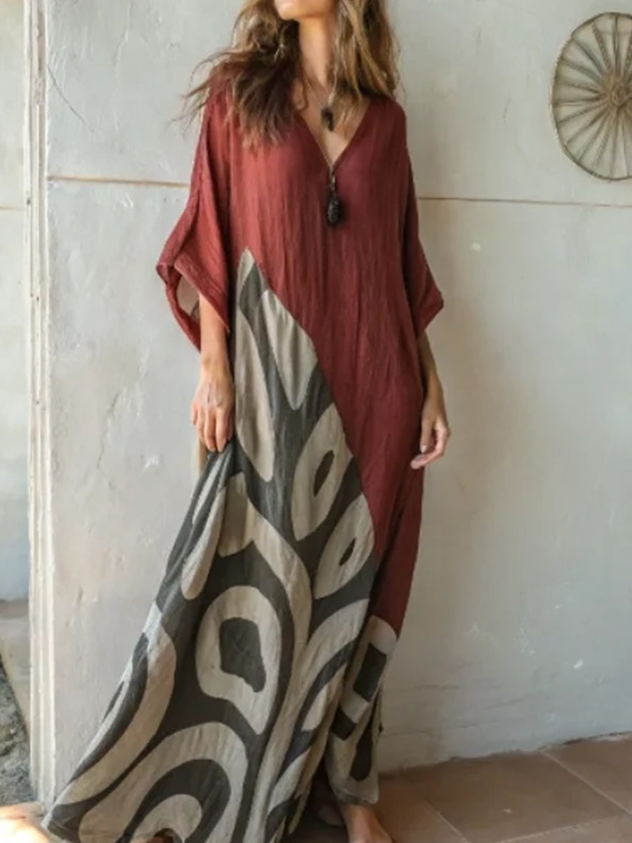 Women's Geometric Patchwork V-neck Casual Cotton And Linen Dress