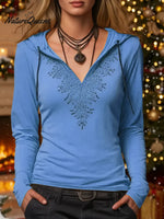 Women's V-neck Printed Long-sleeved Casual Loose Hooded Top
