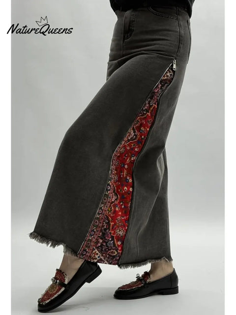 Women's Denim Patchwork Print Casual Zipper Cotton Midi Skirt