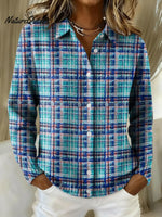 Women's Blue Striped Plaid Printed Collared Sweater