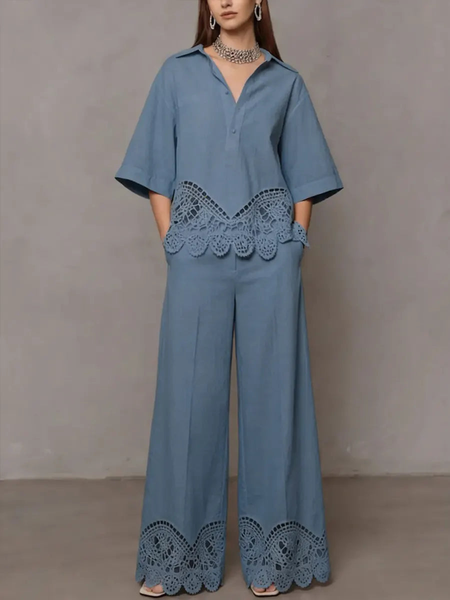 Cotton And Linen Lace Wide-leg Pant Set