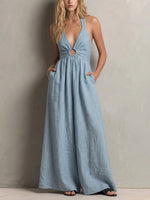 Women's Light Blue Halter Neck Hollow-out Cotton Linen Wide-leg Jumpsuit