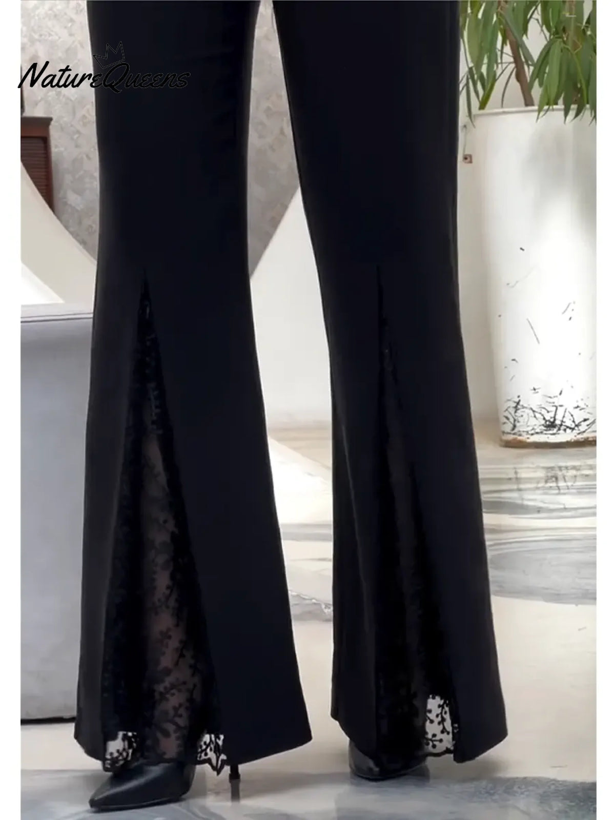Women's Elegant Flared Trousers With Lace Detailing At The Front