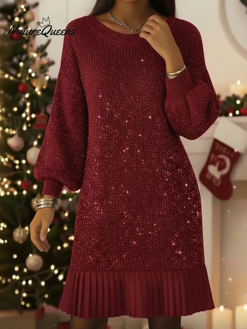Elegant Lantern Sleeve Shimmering Knit Dress