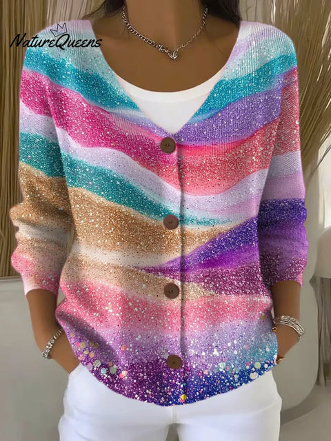 Gradient Colorful Art Print Buttoned V-neck Cardigan Sweater