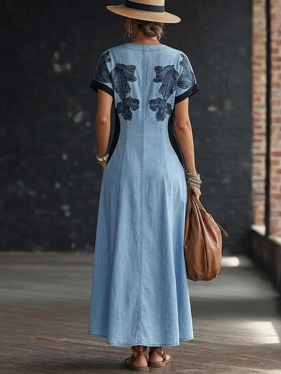 Women's Vintage Floral Print Denim Dress With Cinched Waist