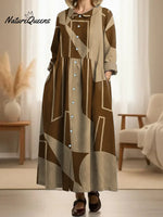 Women's Pleated Vintage Geometry Art Print Doll Collar Casual Long-sleeved Dress