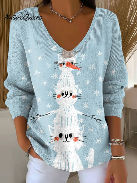Women's Christmas Tree Cute Cat Snowman Art Pattern Art V-neck Solid Color Loose Shiny Sweater