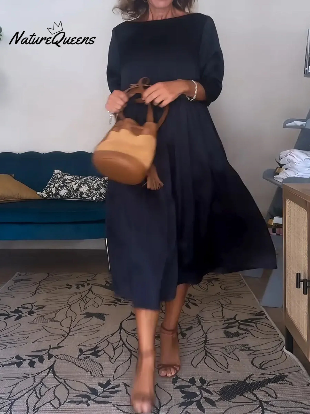 Women's Solid Color Round Neck Three-quarter Sleeve Loose Fit Satin Dress