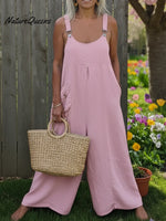 Cozy Solid Color Loose Wide-leg Linen Overalls Jumpsuit