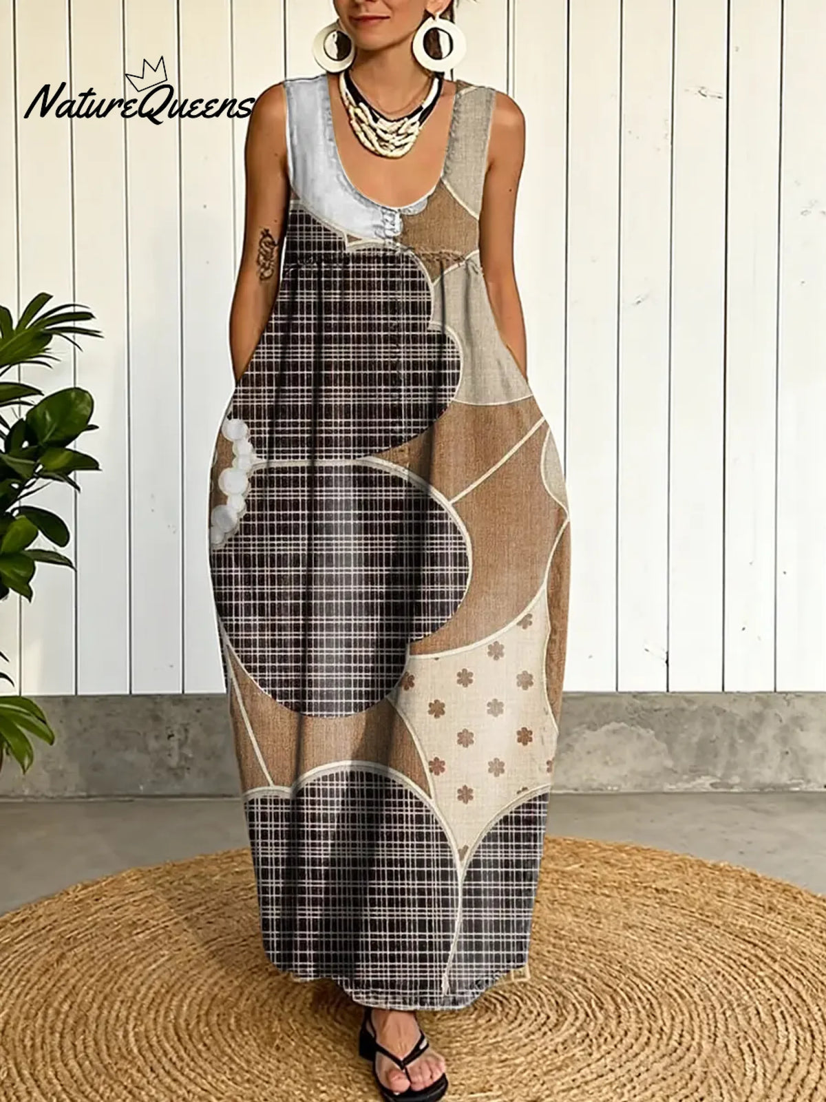 Women's Abstract Geometry Pattern Art Print Casual Cotton Denim Dress