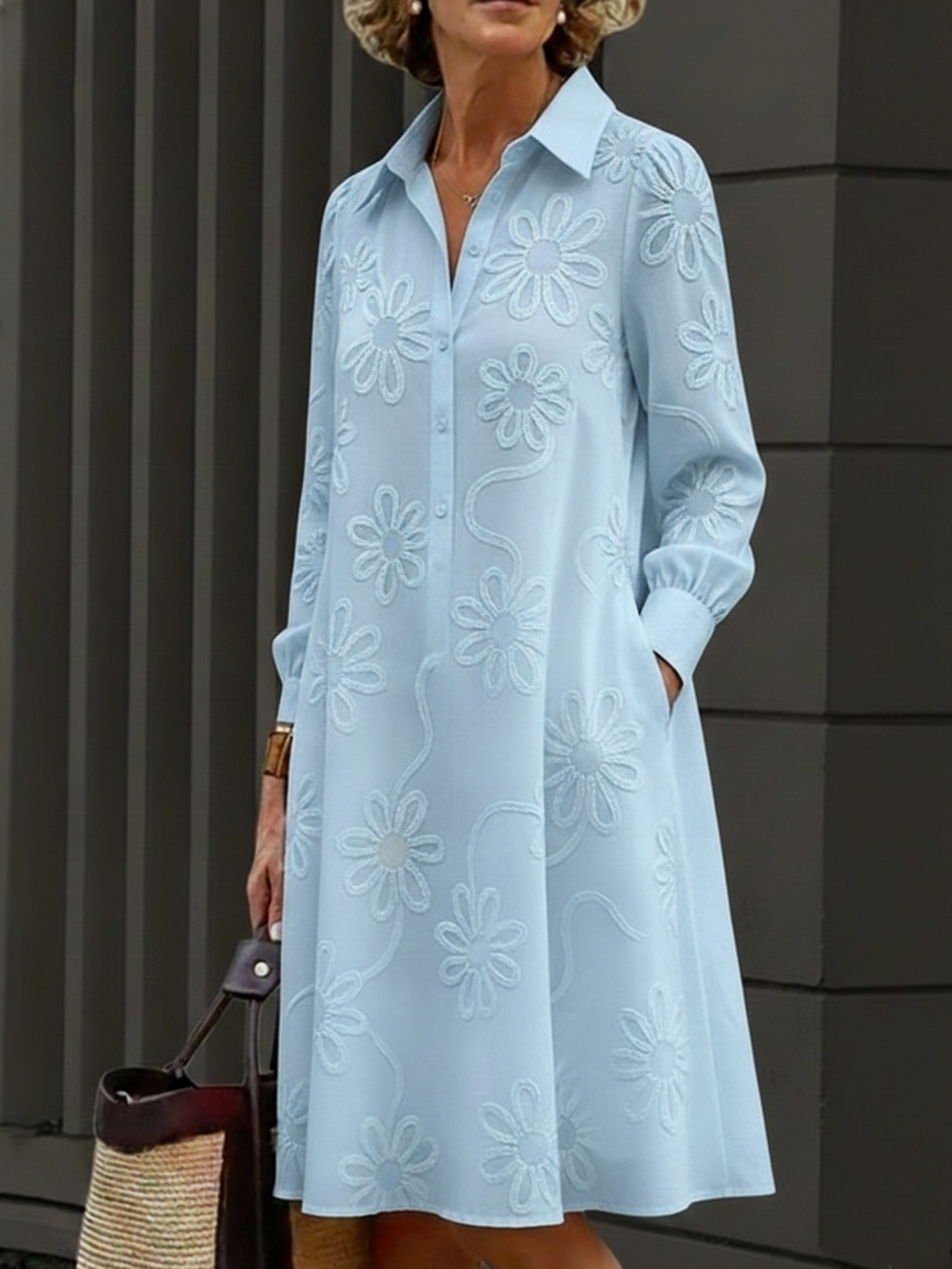 Elegant Floral Embroidered Shirt-collar Dress
