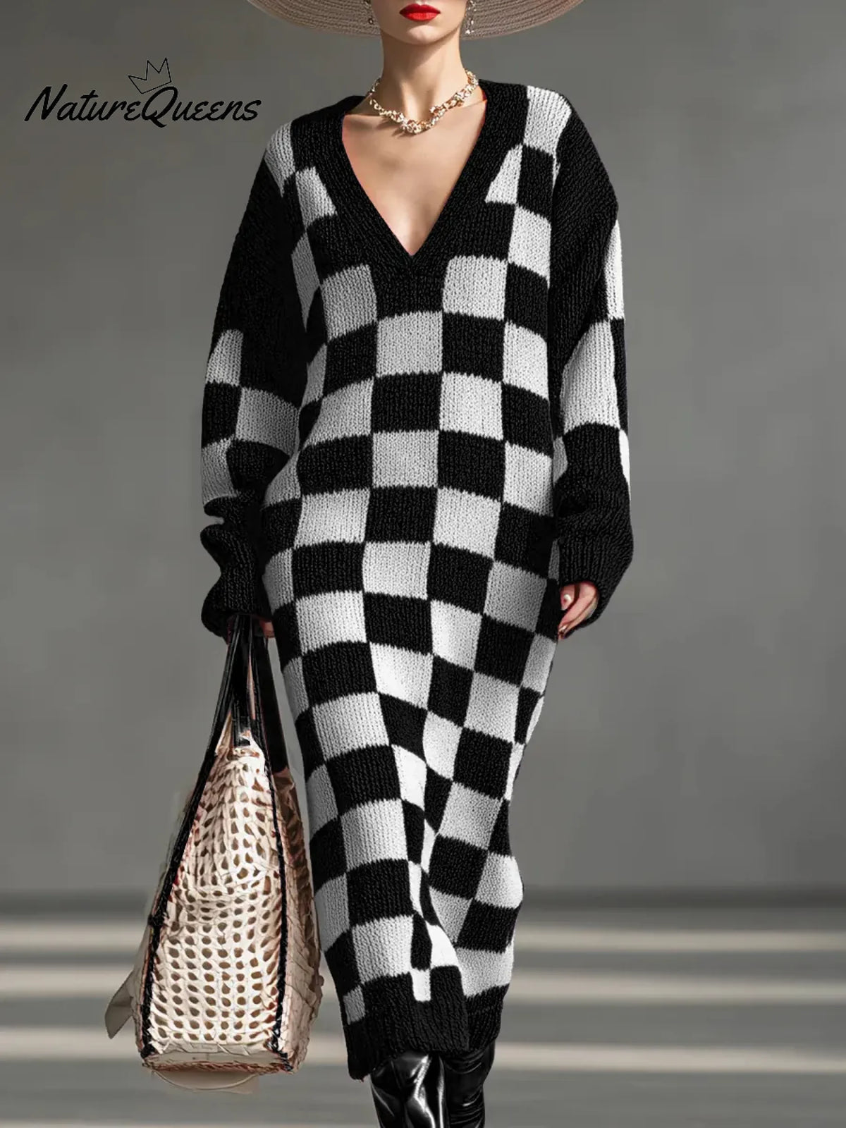 Women's Plaid Print V-neck Long-sleeved Casual Loose Knit Dress