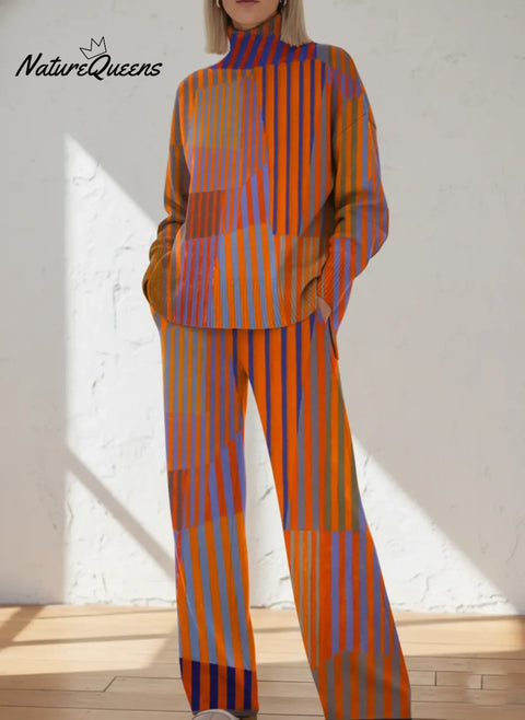 Women's Abstract Geometric Pattern Art Print Casual Knitted Cotton Top Pants Suit