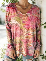 Women's Floral Pattern Art Print V-neck Casual Cotton T-shirt