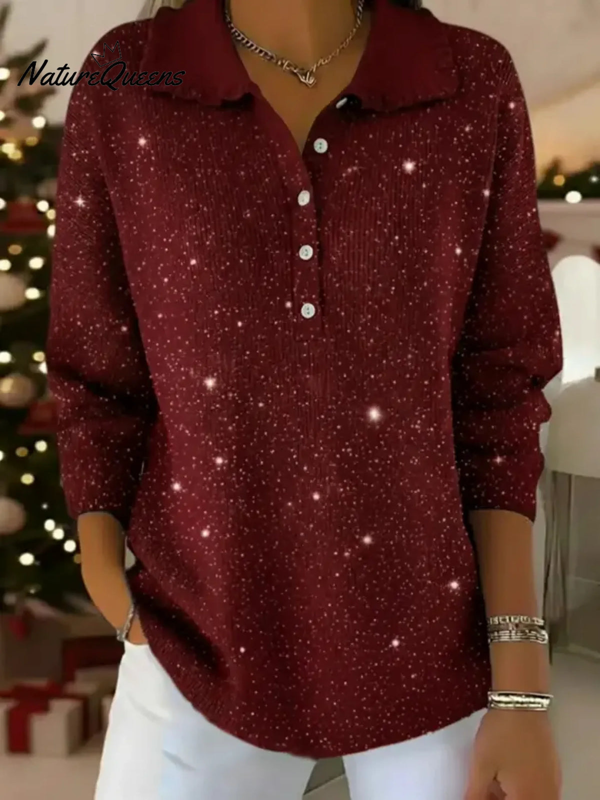 Women's Solid Color Peter Pan Collar Long Sleeve Casual Loose Sequined Knit Top