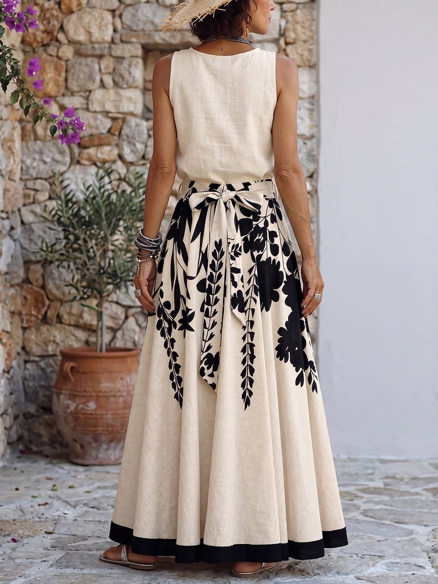 Artistic Floral & Leaf Print Cotton-linen Two-piece Set (skirt & Top)