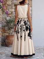 Artistic Floral & Leaf Print Cotton-linen Two-piece Set (skirt & Top)
