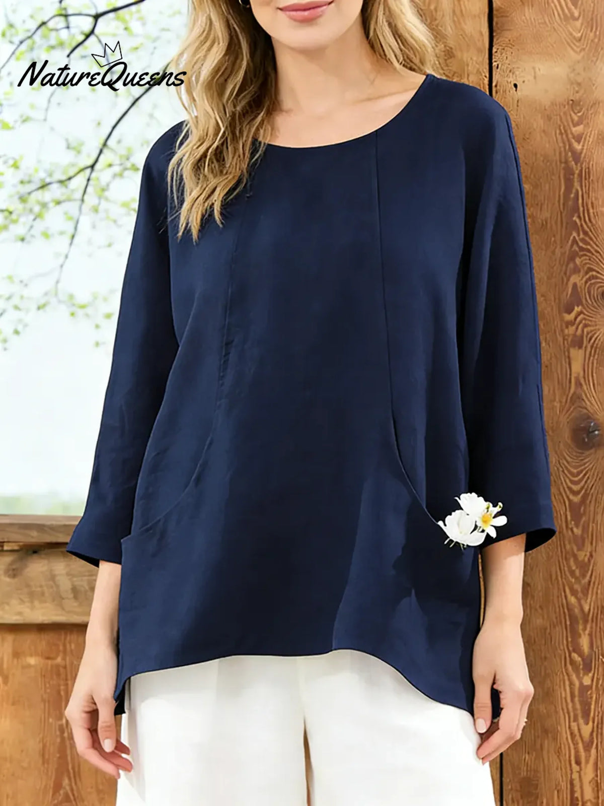 Women's Solid Color Round Neck 3/4sleeved Casual Loose Cotton And Linen Top