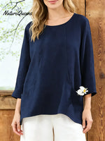 Women's Solid Color Round Neck 3/4sleeved Casual Loose Cotton And Linen Top