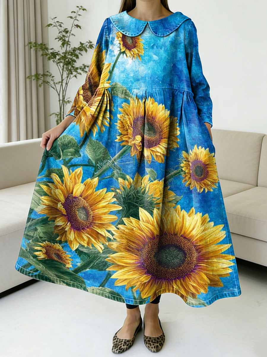 Sunshine Sunflowers Decorative Patterns Women's Casual Peter Pan Collar Long Sleeve Dress