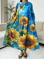 Sunshine Sunflowers Decorative Patterns Women's Casual Peter Pan Collar Long Sleeve Dress