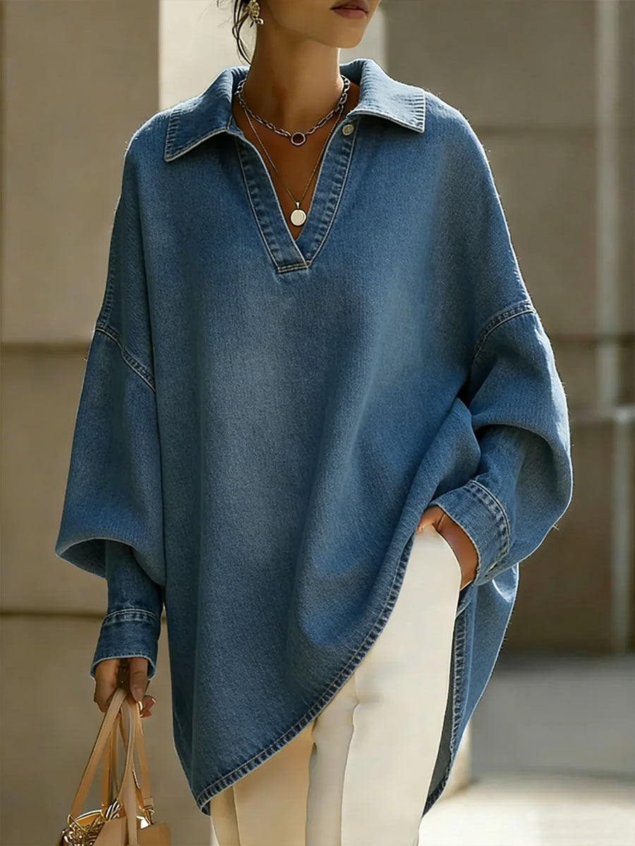 Women's Lapel Long-sleeved Casual Loose Denim Shirt