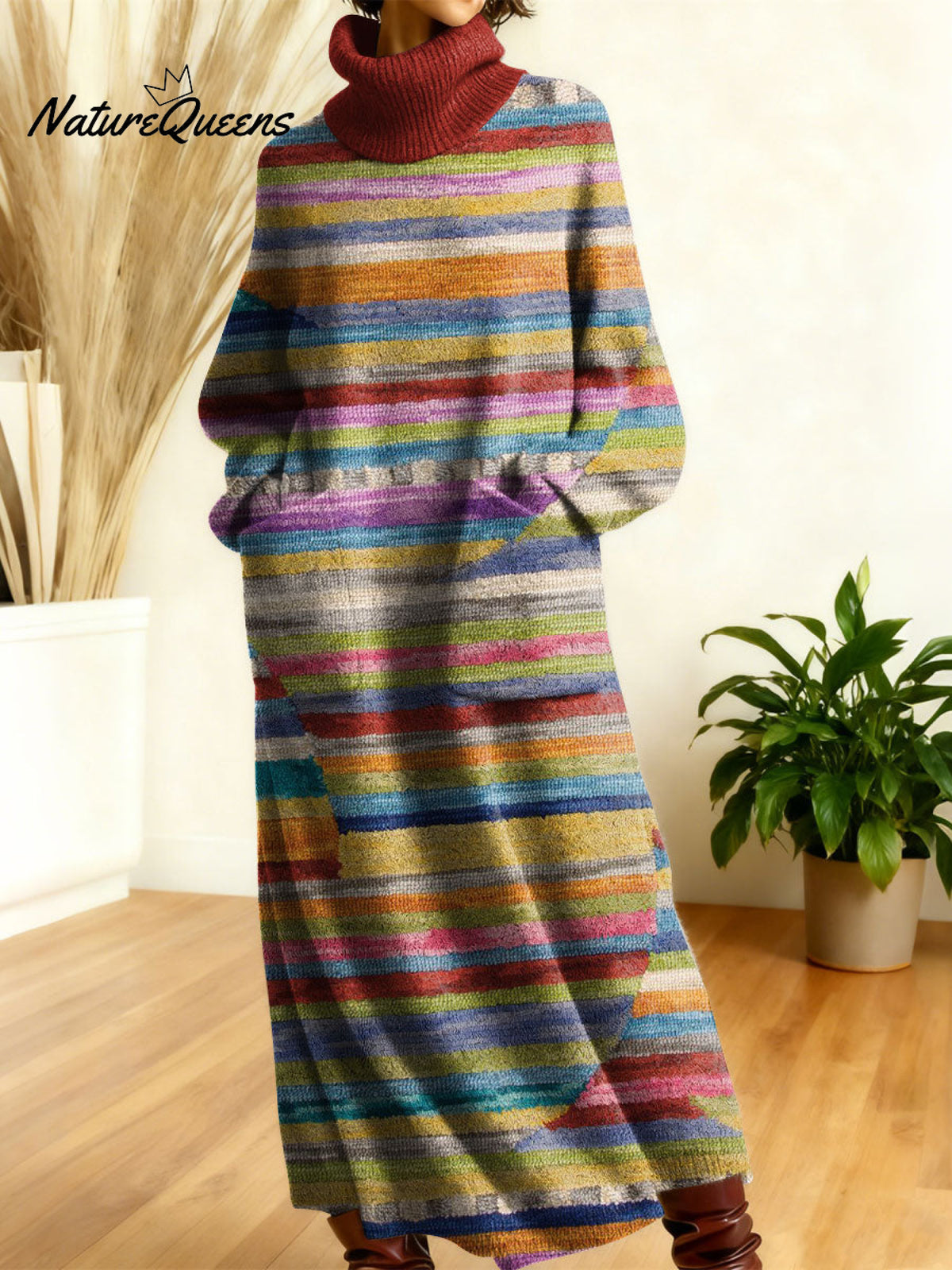 Women's Retro Geometry Colorful Square Stripe Art High-neck Long-sleeve Casual Loose Knit Dress