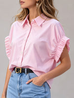 Women's Gathered Flutter-sleeve Loose-fit Collared Shirt