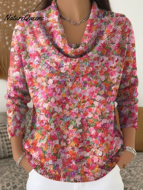 Women's Floral Pattern Art Print Casual Cowl Neck Sweater
