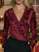 Women's Solid Color V-neck Ruffled Long-sleeved Casual Loose Satin Top