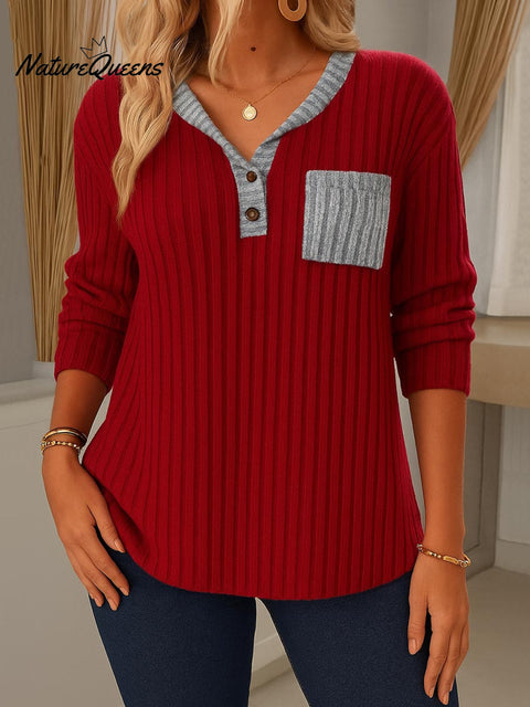 Women's V-neck Long Sleeve Contrast Color Casual Loose Knit Top