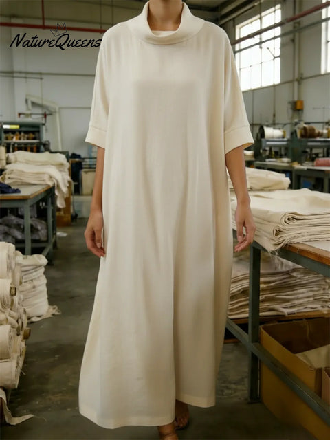 Elegant Cowl-neck Loose-fitting Linen Dress