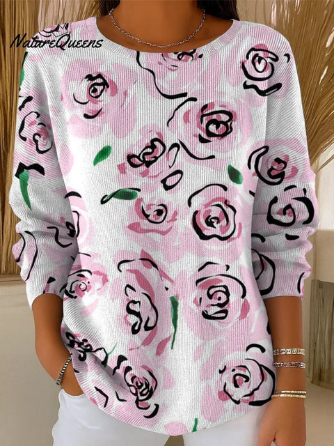 Women's Artistic Pink Rose Print Casual Pullover Sweater