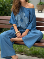 Casual Floral Off-the-shoulder Denim Cotton Top